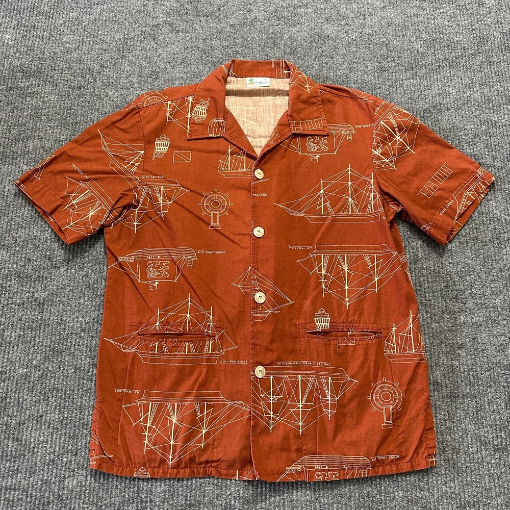 Palm Beach Mens Button Up Shirt Size L Rust Nautical Sailing‎ Print Short Sleeve